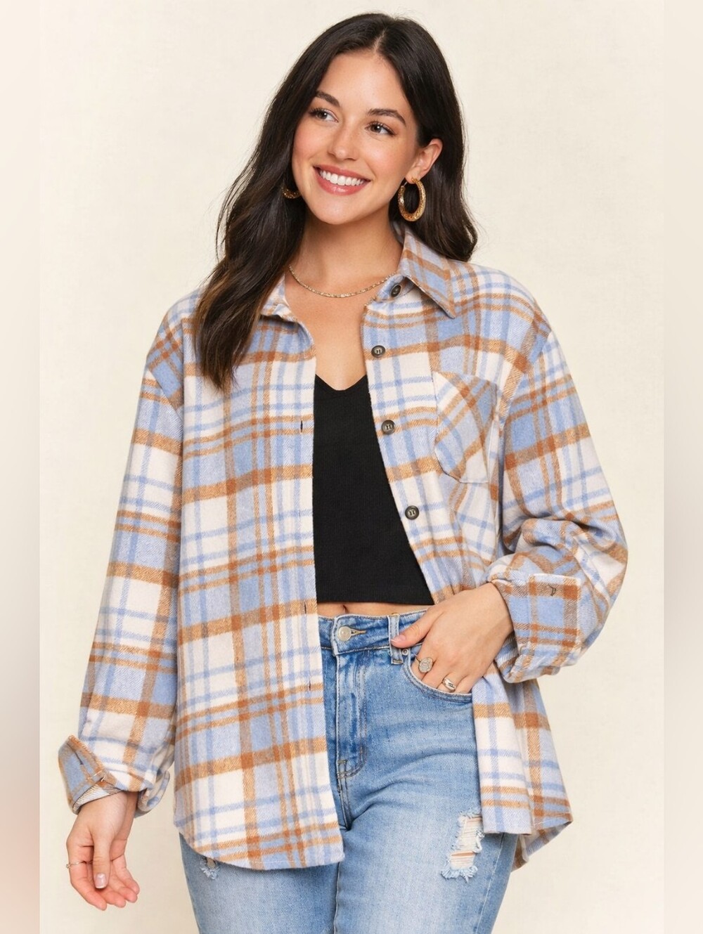 Altar'd State Cream, Brown & Light Blue Plaid Womens Button-Down Shirt Sz M